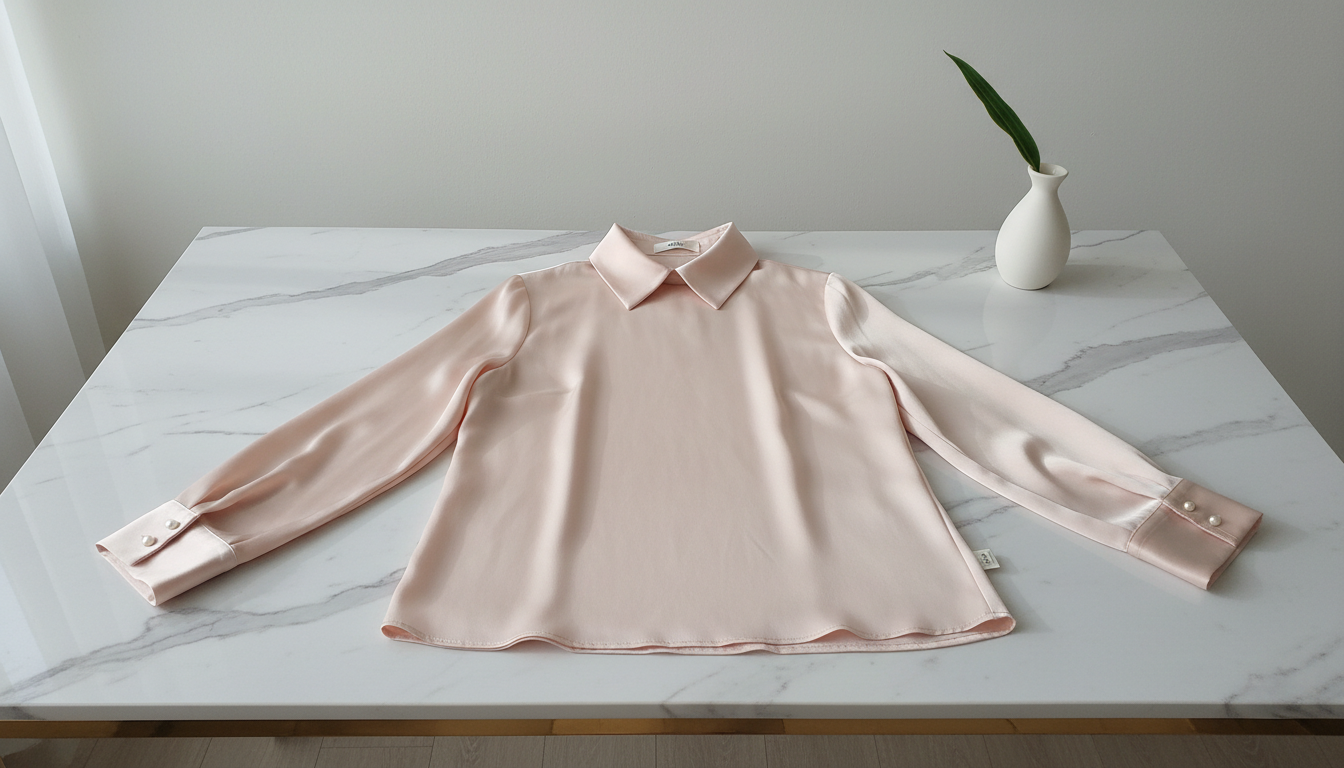 A silk-blend, pale blush blouse with a minimalist pointed collar and elegantly draped sleeves, laid out atop a marble slab table. The surface has cool, subtle veining that complements the blouse’s soft sheen. Ambient daylight filters through an unseen window, creating gentle highlights that flow across the fabric, enhancing its smoothness while casting faint, delicate shadows underneath. The environment is uncluttered and calm, evoking understated luxury. Shot from an eye-level perspective with the blouse neatly centered in the frame, the photographic composition relies on negative space and refined details for an elevated, modern look. The image conveys chic sophistication, perfect for spotlighting trend-focused fashion in a serene, stylish setting.