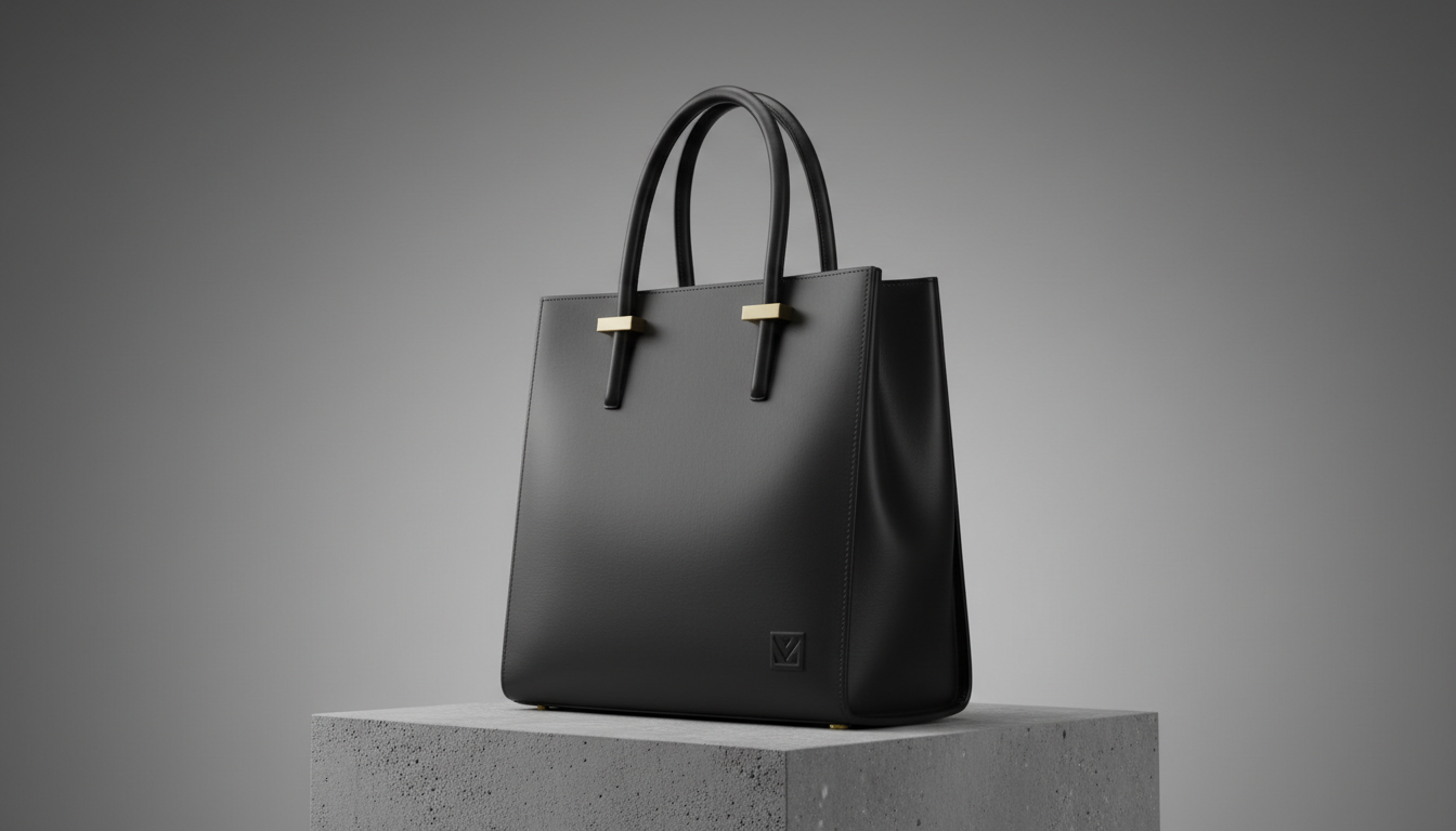 A structured, matte black leather tote bag with minimalist gold hardware and subtle embossed branding, resting upright on a textured concrete plinth. The bag's smooth, matte finish and clean lines are highlighted by soft, indirect studio lighting that creates slight highlights and shadow gradients, emphasizing depth and form without distraction. The background reveals muted gray gradients with no extra clutter, cultivating an atmosphere of modern elegance. The mood feels quietly confident and refined. Captured from a low, three-quarter angle for dimensionality, the image foregrounds the tote’s craftsmanship and modern design. This photographic image balances minimalist restraint with luxury, perfectly suited for a sophisticated women’s clothing store’s signature accessory showcase.